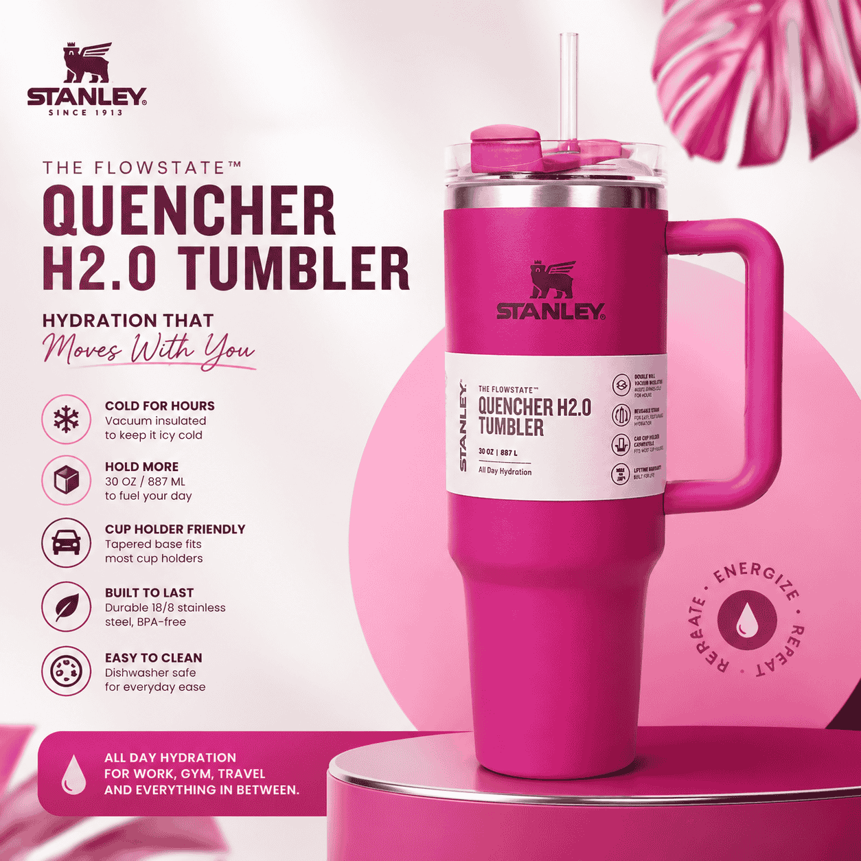 Stanley Quencher H2.0 FlowState™ Tumbler 30oz (0.88L) – Pink Stainless Steel Insulated Tumbler with Straw &amp; Handle