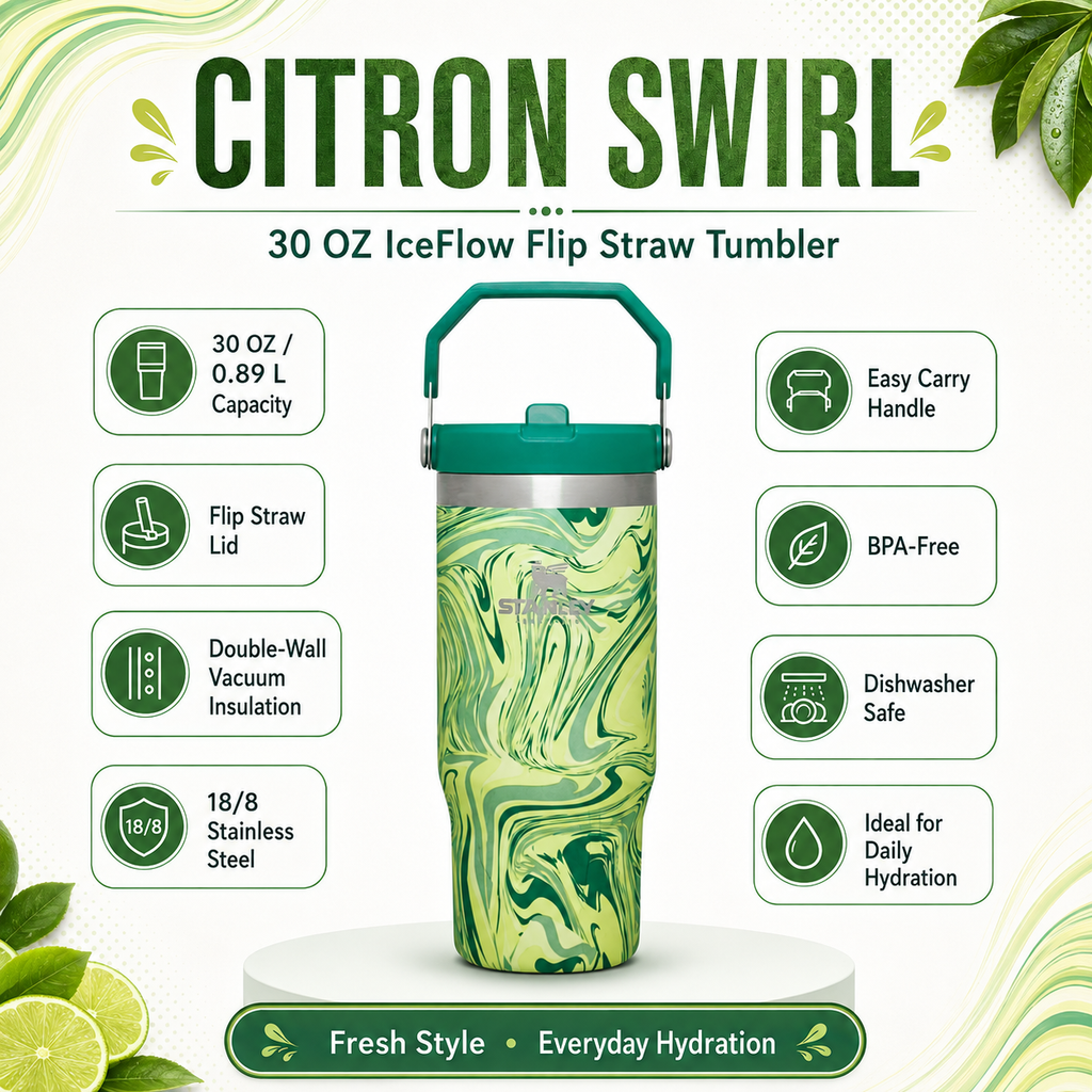 Stanley 30 OZ IceFlow™ Flip Straw Tumbler – Citron Swirl | Insulated Stainless Steel Water Bottle with Handle