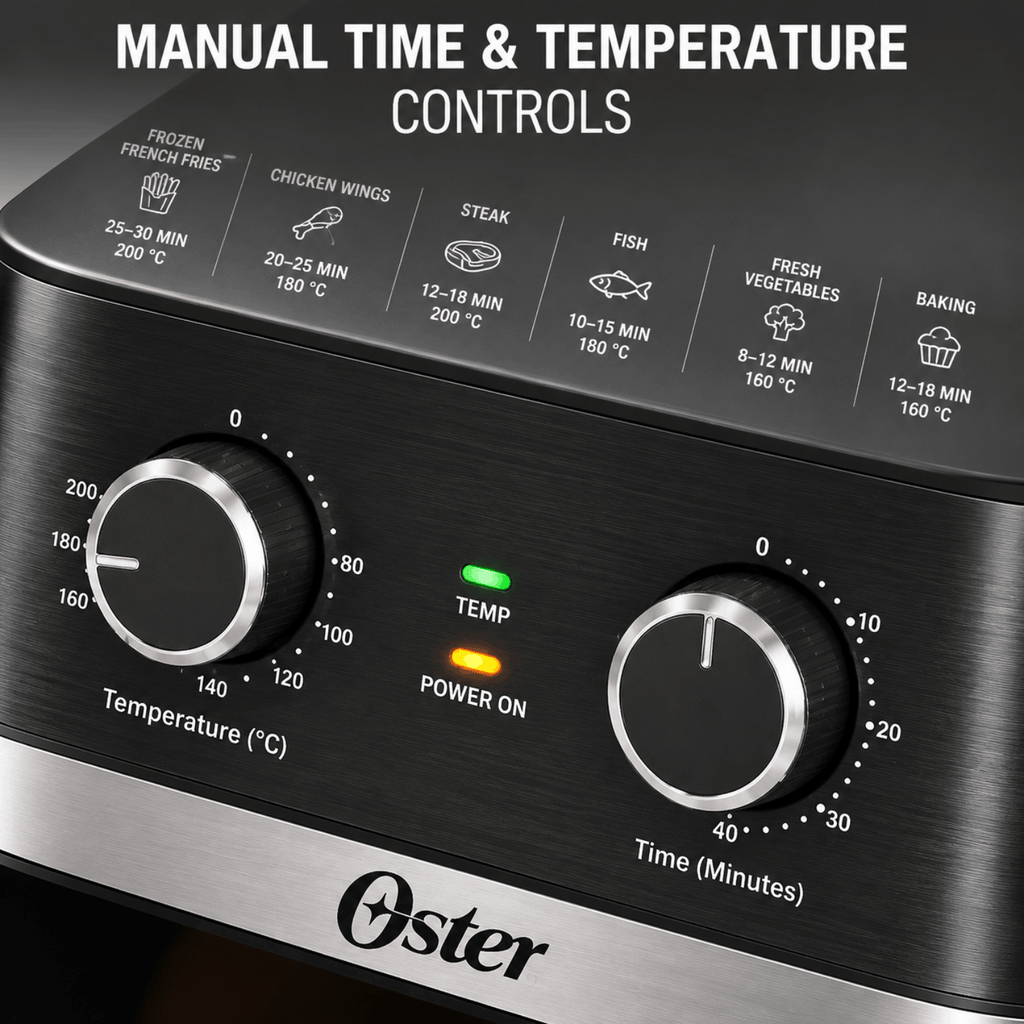 Oster®️ Manual Air Fryer CKSTAF60WMDF | DiamondForce Non-Stick Coating | 6L Capacity with Viewing Window & Internal Light