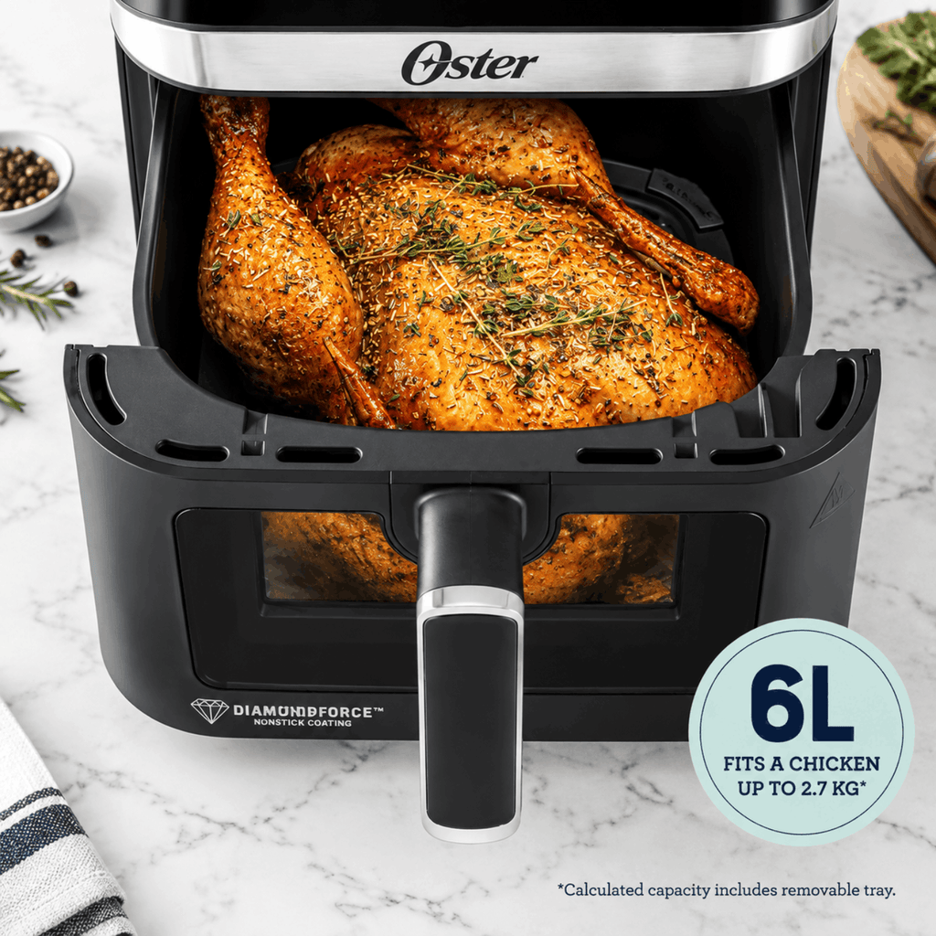 Oster®️ Manual Air Fryer CKSTAF60WMDF | DiamondForce Non-Stick Coating | 6L Capacity with Viewing Window & Internal Light
