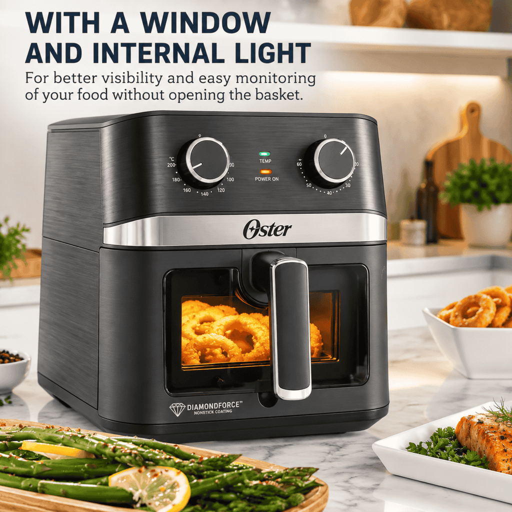 Oster®️ Manual Air Fryer CKSTAF60WMDF | DiamondForce Non-Stick Coating | 6L Capacity with Viewing Window & Internal Light