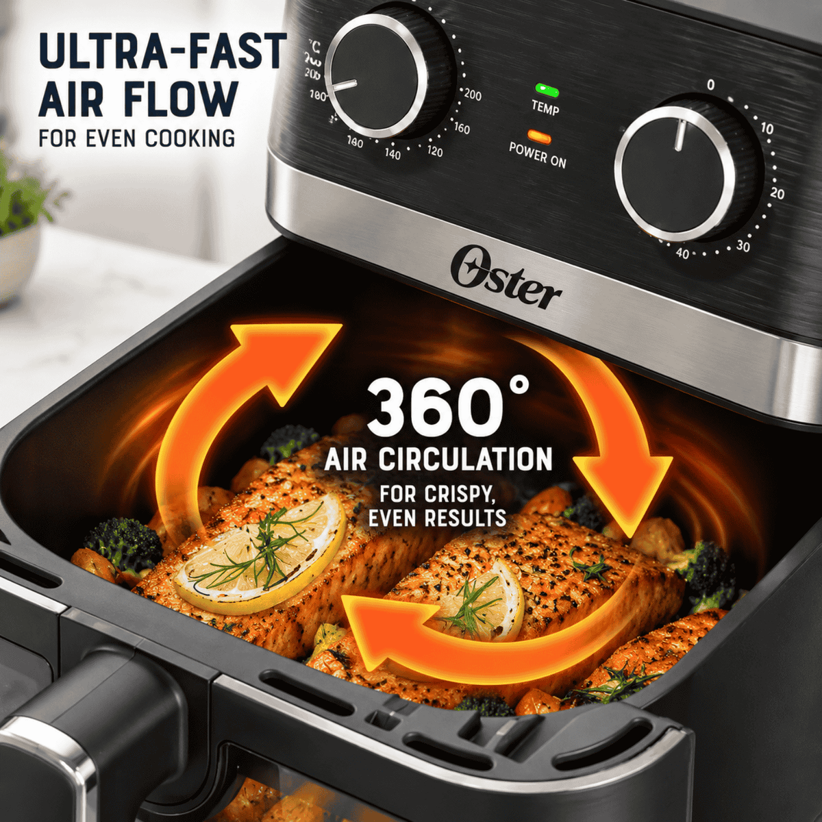 Oster®️ Manual Air Fryer CKSTAF60WMDF | DiamondForce Non-Stick Coating | 6L Capacity with Viewing Window & Internal Light