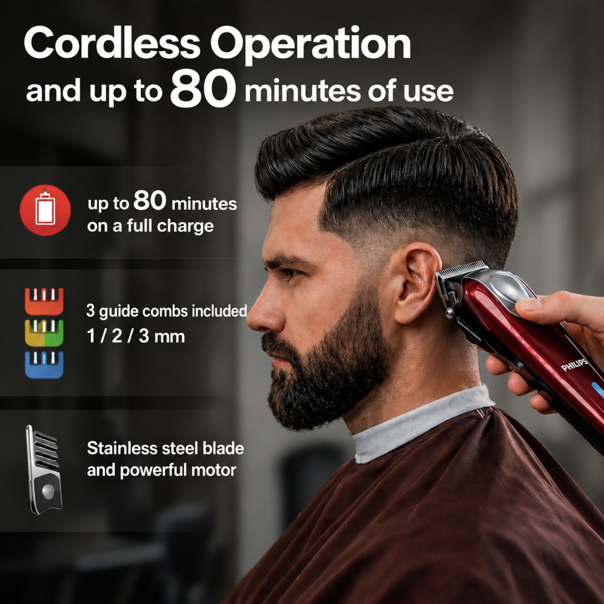 PHALNFS FS-6150 Professional Rechargeable Hair & Beard Trimmer for Men | 8000 RPM | Crimson Red